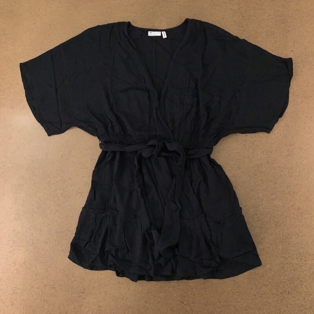 Asos Design Womens Swim Cover Up Black Tiered Crinkle Belted V Neck 6 New